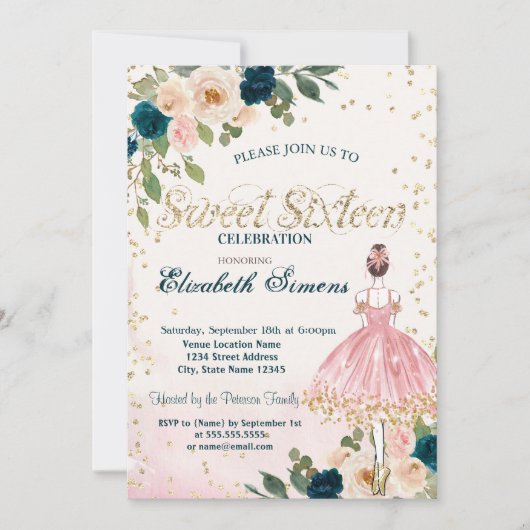 バレリーナフラワーズダイアモンズネイビーブルースウィート16 招待状 (正面)