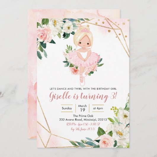 バレリーナブロンドガールピンク金ゴールドフローラ招待状 招待状 (正面/裏面)