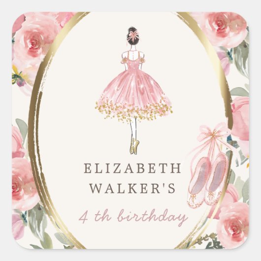 バレリーナプリンセスフローラ赤面誕生日パーティー スクエアシール (正面)