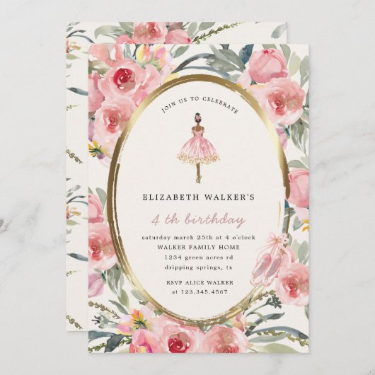 バレリーナプリンセスフローラ赤面誕生日パーティーinv 招待状 (正面/裏面)