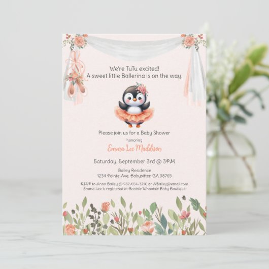 バレリーナベビーガールシャワーツゥペンギンエレガントギン 招待状 (スタンド正面)