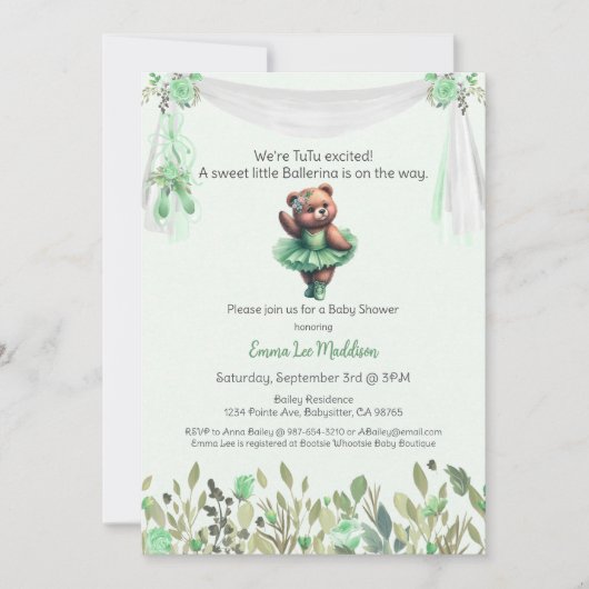 バレリーナベビーガールシャワーツチュテディエレガントベア 招待状 (正面)