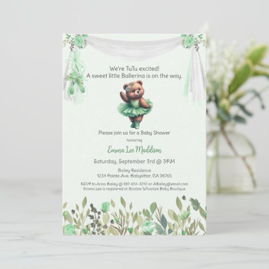 バレリーナベビーガールシャワーツチュテディエレガントベア 招待状 (スタンド正面)
