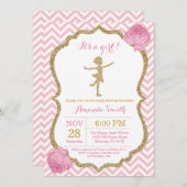 バレリーナベビーシャワーピンク&金ゴールドグリッター 招待状 (正面/裏面)
