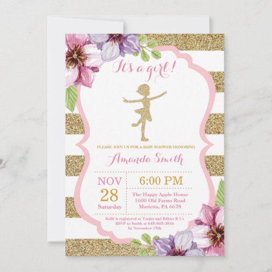 バレリーナベビーシャワーピンク&金ゴールドグリッター 招待状 (正面)