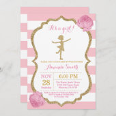 バレリーナベビーシャワーピンク&金ゴールドグリッター 招待状 (正面/裏面)