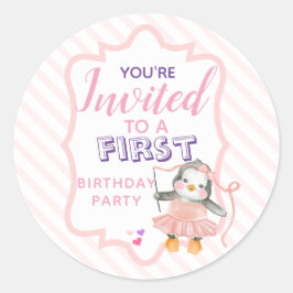 バレリーナペンギンのピンクの誕生日パーティーに招待 ラウンドシール