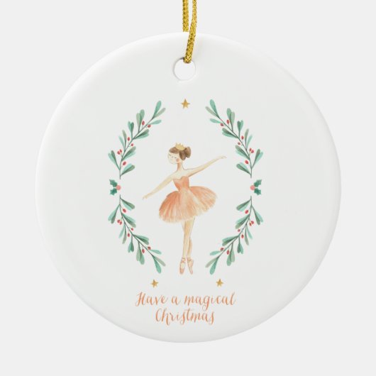 バレリーナ水彩植物性かわいいクリスマス セラミックオーナメント (正面)
