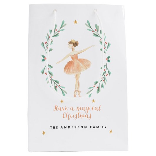 バレリーナ水彩植物性かわいいクリスマス ミディアムペーパーバッグ (正面)
