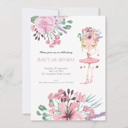 バレリーナ花模様の葉の女の子6th誕生日パーティー 招待状 (正面)