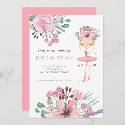バレリーナ花模様の葉の女の子6th誕生日パーティー 招待状 (正面/裏面)