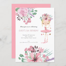 バレリーナ花模様の葉の女の子6th誕生日パーティー 招待状