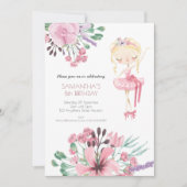 バレリーナ花模様の葉の女の子8th誕生日パーティー 招待状 (正面)