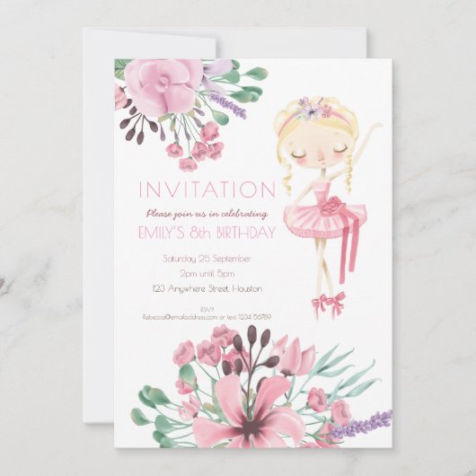 バレリーナ花模様ガール8thバースデーパーティー 招待状 (正面)