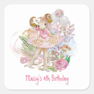 バレリーナ花模様ピンクガール4th誕生日パーティー スクエアシール