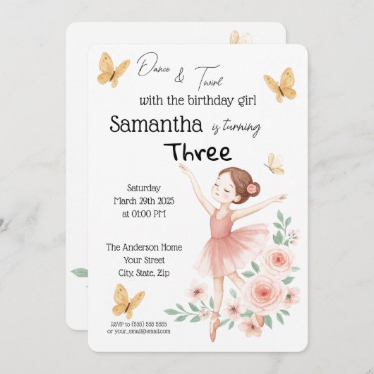 バレリーナ誕生日招待状 – ピンクバレエパーティー 招待状 (正面/裏面)
