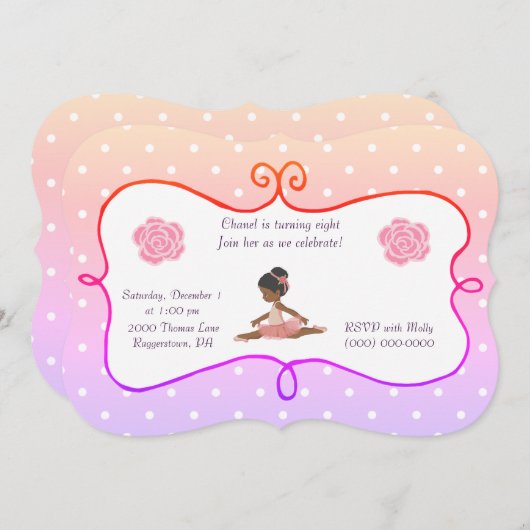 バレリーナ誕生日水玉模様 招待状 (正面/裏面)