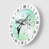 バレリーナ踊りと音楽ノートグリーン ラージ壁時計 (傾斜)