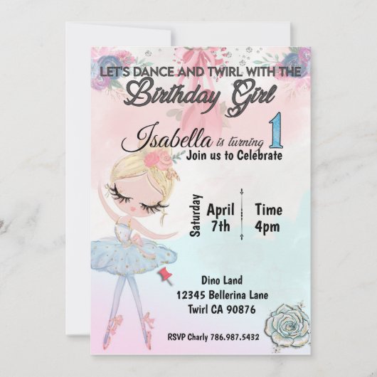 バレリーナ1回目の誕生日の招待 招待状 (正面)