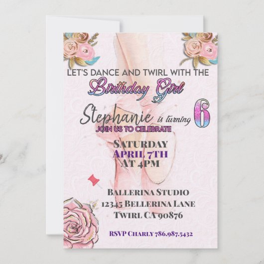 バレリーナ6歳の誕生日の招待状 招待状 (正面)