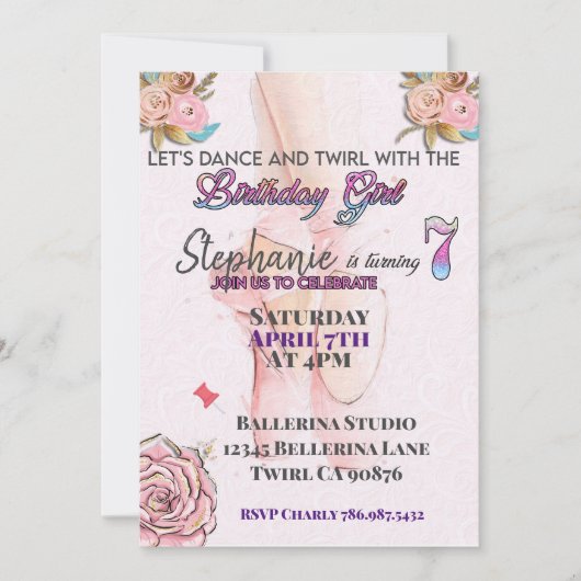 バレリーナ7歳の誕生日の招待状 招待状 (正面)