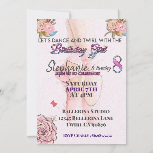 バレリーナ8歳の誕生日の招待状 招待状 (正面)