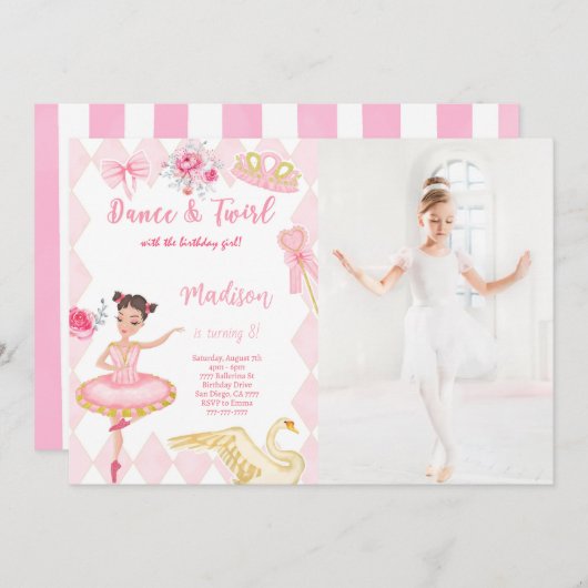 バレリーナ8誕生日フォト招待状 招待状 (正面/裏面)