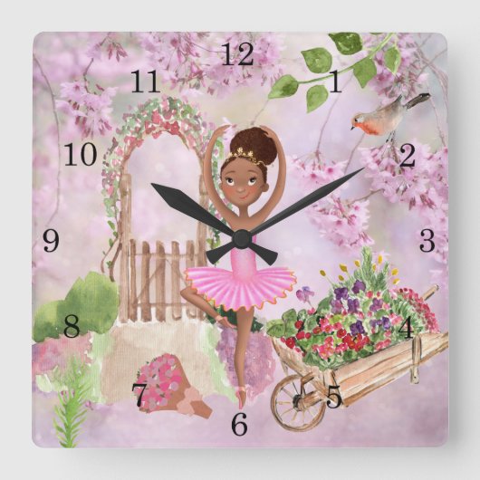 バレリーナ·アフリカ·アメリカの少女がガーデン·バレエ スクエア壁時計 (正面)