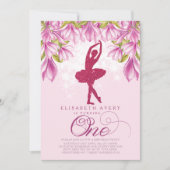 バレリーナ ピンク グリッター ファースト バースデー 招待状 (正面)