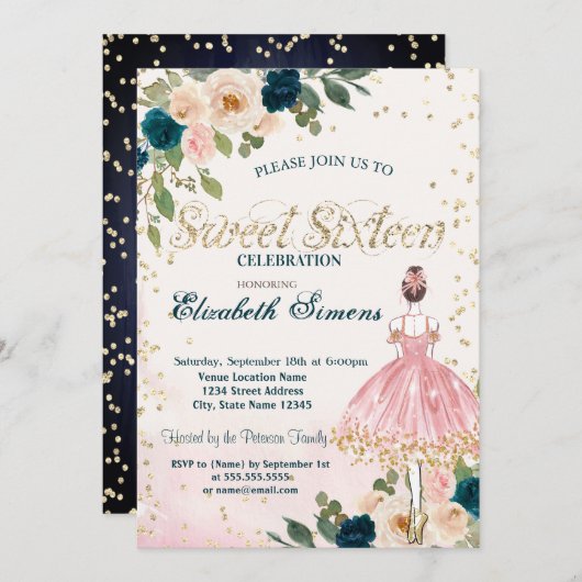 バレリーナ フラワー ダイヤモンド ネイビーブルー スイート16 招待状 (正面/裏面)