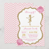 バレリーナ ベビーシャワー ピンクとゴールド グリッター 招待状 (正面/裏面)