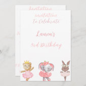 バレリーナ「動物」3回目の誕生日招待状 招待状 (正面/裏面)