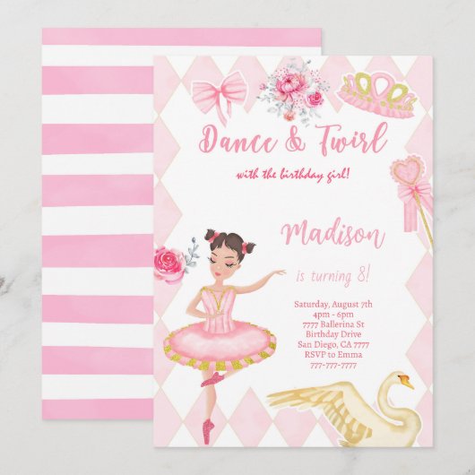 バレリーナ 8歳の誕生日パーティー招待状 招待状 (正面/裏面)