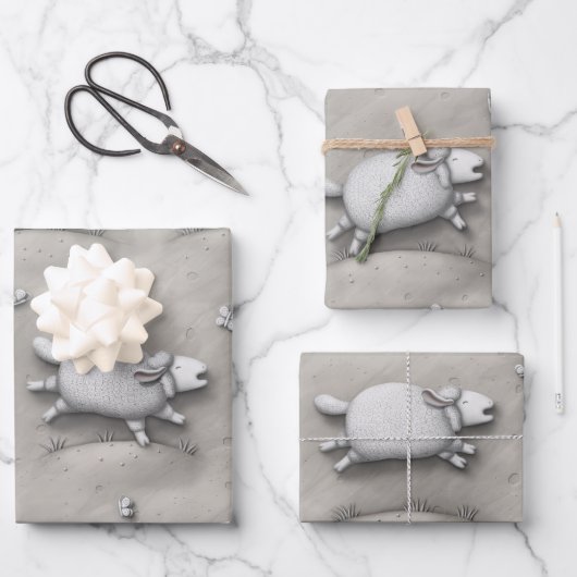 バレリーフ、 浮き彫り3ハッピーヒツジ（大規模） ラッピングペーパーシート (正面)