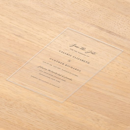 バレリー伝統的ウェディング日付の保存 アクリル招待状 (レイダウン)