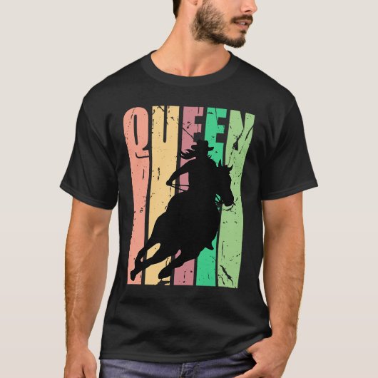 バレルレーシングクイーンロデオウィメンズ女性のカーボーイレトロビン Tシャツ (正面)