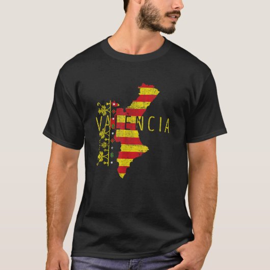 バレンシアの地図と国動揺して旗スペインS Tシャツ (正面)
