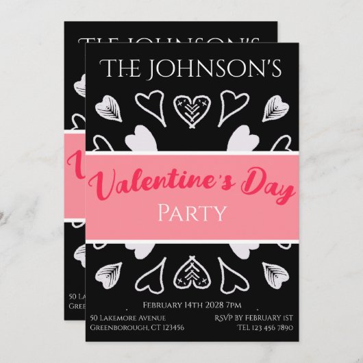 バレンタイモダンンデーパーティー白黒ピンク 招待状 (正面/裏面)