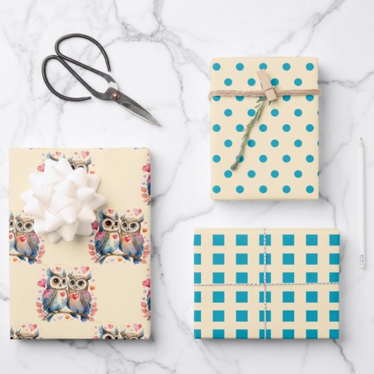 バレンタインかわいいフクロウのドット正方形のパターンターコイズ ラッピングペーパーシート (正面)