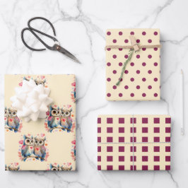 バレンタインかわいいフクロウのドット正方形のパターン紫 ラッピングペーパーシート