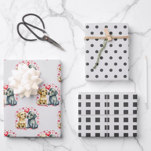 バレンタインかわいい犬のドット正方形のパターン灰色 ラッピングペーパーシート (正面)