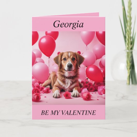 バレンタインかわいい犬、バラ、バルーン、編集可能カード シーズンカード (正面)