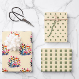 バレンタインかわいい猫のドット正方形のパターン緑 ラッピングペーパーシート