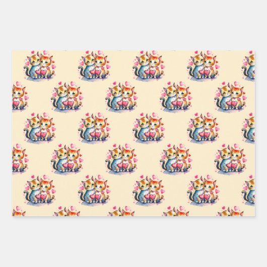 バレンタインかわいい猫ドット四角いパターン赤 ラッピングペーパーシート (正面)