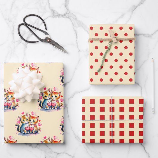 バレンタインかわいい猫ドット四角いパターン赤 ラッピングペーパーシート (正面)
