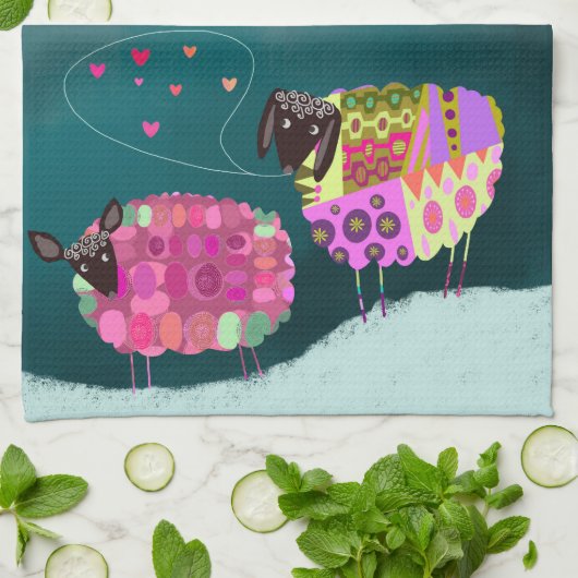 バレンタインかわいい羊のキッチンティータオル キッチンタオル (折り畳み)