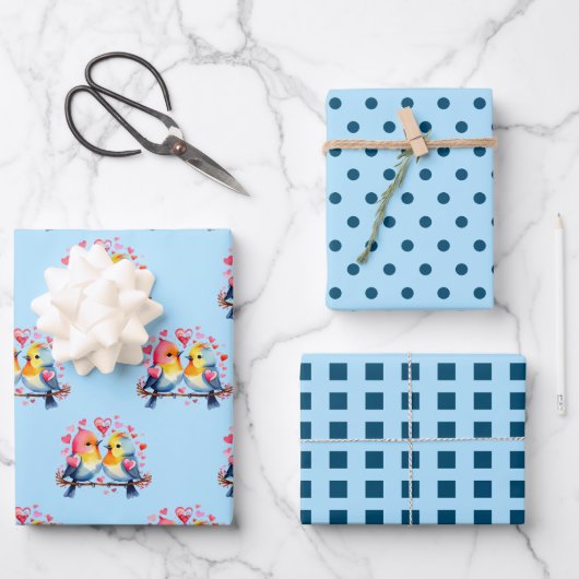 バレンタインかわいい鳥のドット正方形のパターン青 ラッピングペーパーシート (正面)