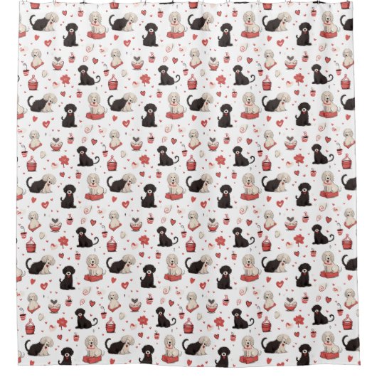 バレンタインと犬の赤い白いシャワーカーテン シャワーカーテン (正面)