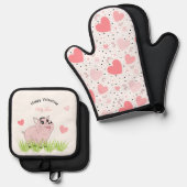 バレンタインにぴったりな可愛いピンクの豚 鍋つかみ&鍋敷きセット (正面/裏面)