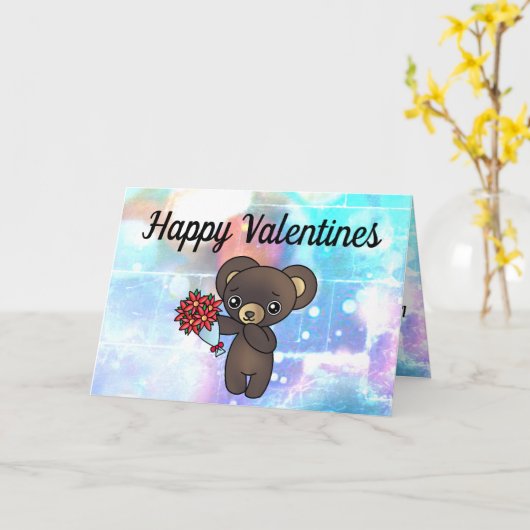 バレンタインに花を咲かせるかわいいテディベア カード (黄色い花)